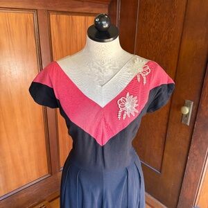 Vintage 50s Color Block Cotton Midi Dress White Pink Black w/ Appliqué Lace, Med